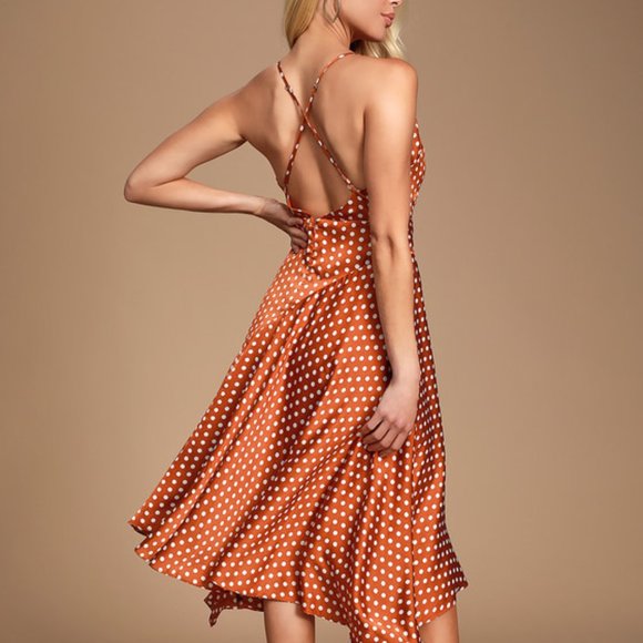 LULUS Bellamy Rust Brown Polka Dot Backless Handkerchief Dress - Picture 2 of 3